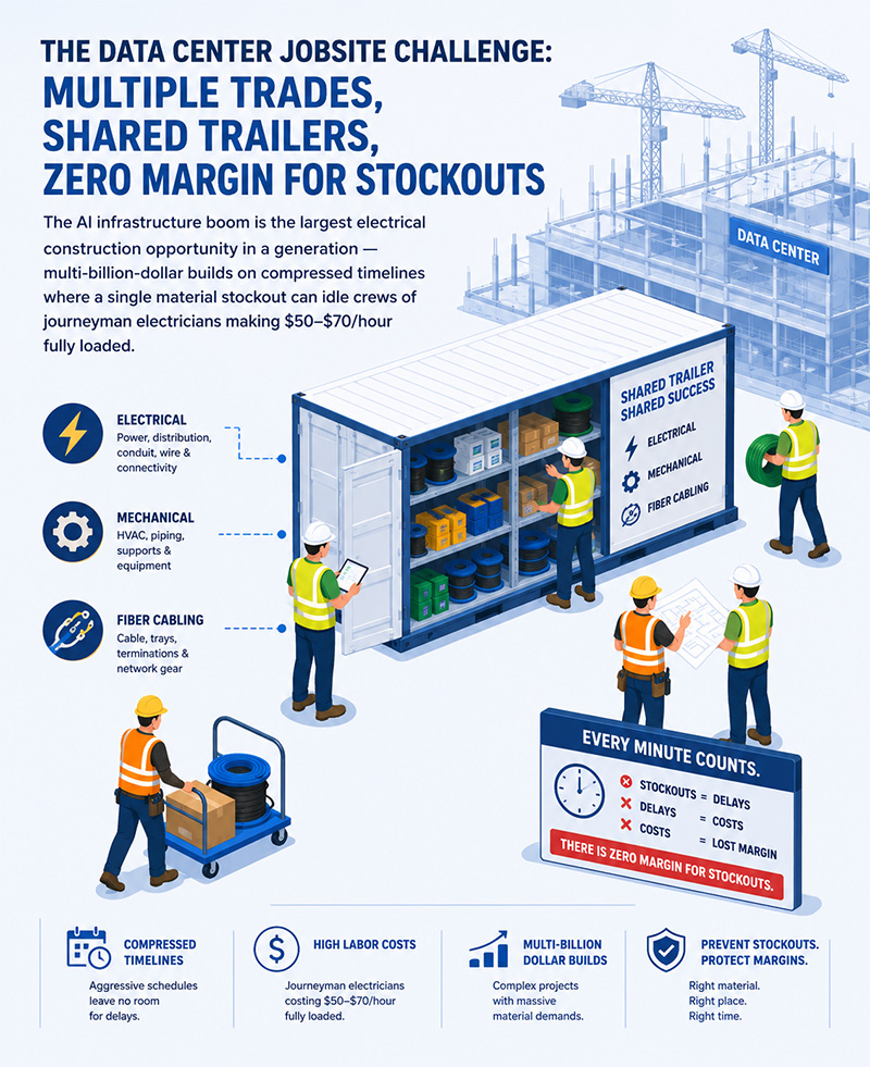 The Data Center Jobsite Challenge: Multiple Trades, Shared Trailers, Zero Margin for Stockouts